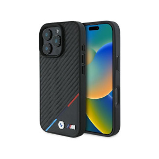 BMW Coque noire rigide M carbone ligne tricolore MagSafe pour iPhone 16 Pro