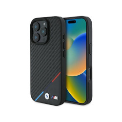 BMW Coque noire rigide M carbone ligne tricolore MagSafe pour iPhone 16 Pro