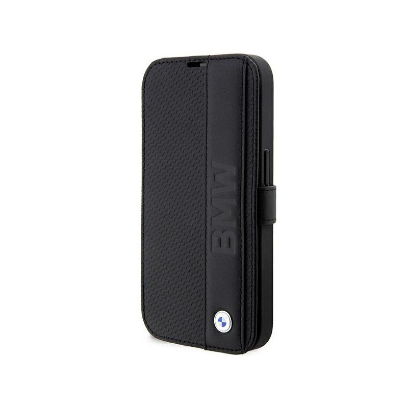 BMW Étui bookcase noir iPhone 14 Pro Cuir Texturé & Rayures
