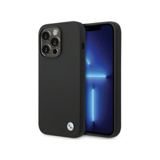 BMW Coque noire en silicone avec logo en métal pour iPhone 15 Pro