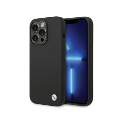 BMW Coque noire en silicone avec logo en métal pour iPhone 15 Pro