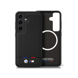 BMW Coque pour Samsung S25 noire Cuir Bande Tricolore MagSafe