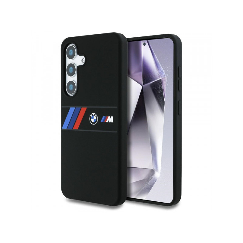 BMW Coque pour Samsung S25 noire Silicone Bandes Tricolores Milieu MagSafe BMW Coque pour Samsung S25 noire Silicone Bandes Tricolores Milieu MagSafe