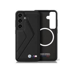 BMW Coque pour Samsung S25 noire Cuir Grandes Rayures MagSafe