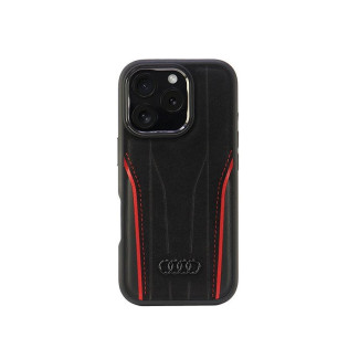 Audi Coque noire-rouge pour iPhone 16 Pro en cuir. MagSafe