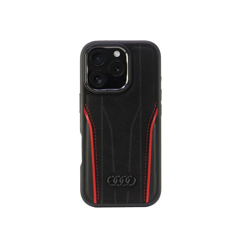 Audi Coque noire-rouge pour iPhone 16 Pro en cuir. MagSafe Audi Coque noire-rouge pour iPhone 16 Pro en cuir. MagSafe