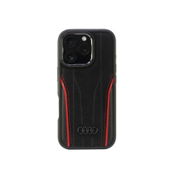 Audi Coque noire-rouge pour iPhone 16 Pro en cuir. MagSafe