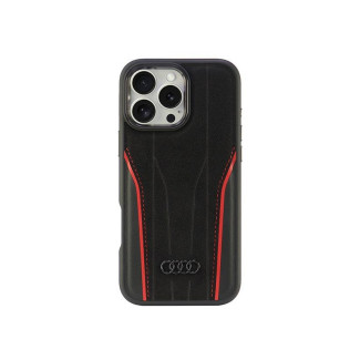 Audi Coque noire-rouge pour iPhone 16 Pro Max en cuir. MagSafe