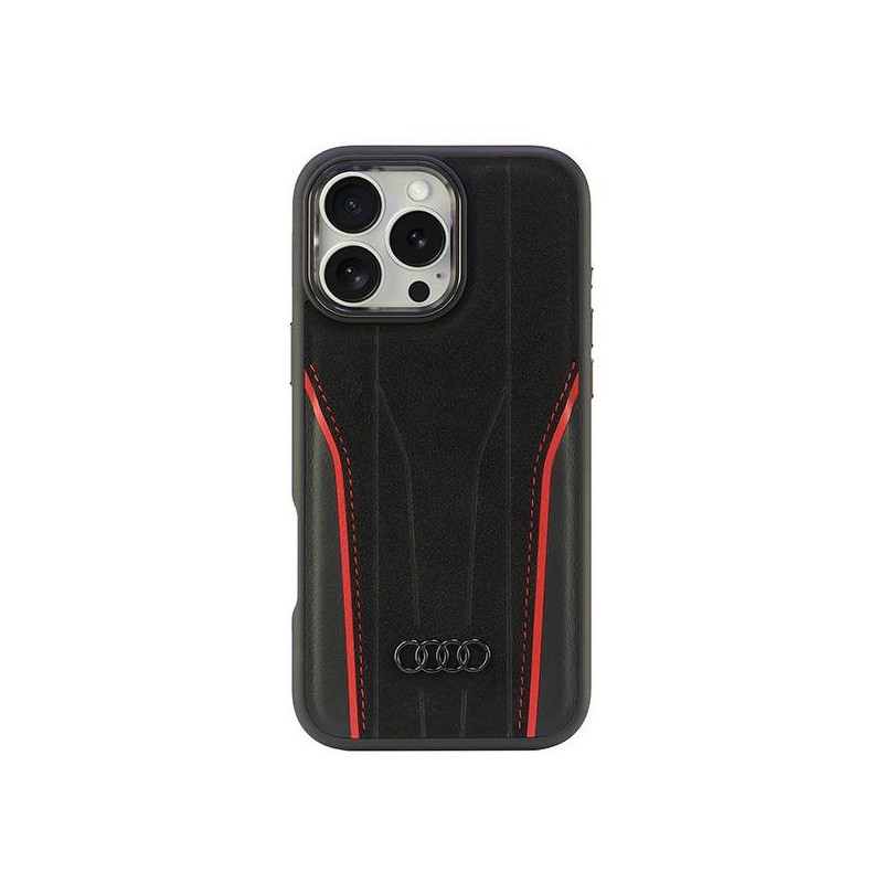 Audi Coque noire-rouge pour iPhone 16 Pro Max en cuir. MagSafe