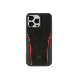 Audi Coque noire-rouge pour iPhone 16 Pro Max en cuir. MagSafe