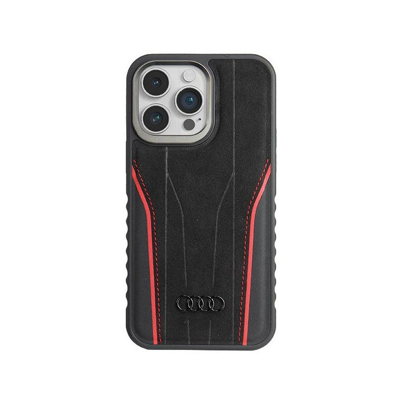 Audi Coque noire-rouge pour iPhone 14 Pro Max en cuir. MagSafe