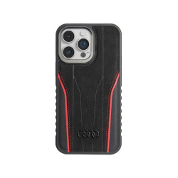 Audi Coque noire-rouge pour iPhone 14 Pro Max en cuir. MagSafe