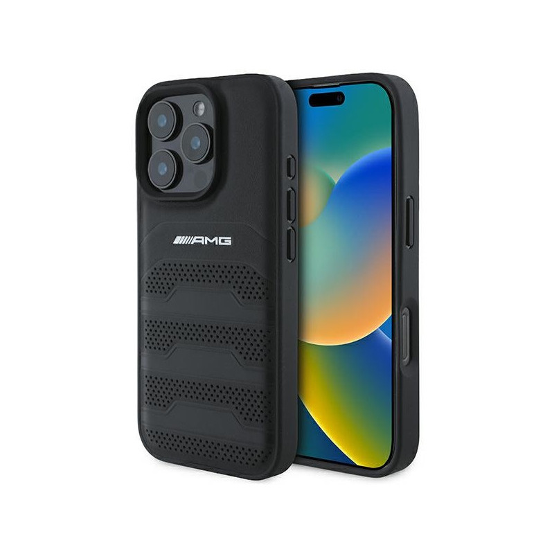 AMG Coque noire pour iPhone 16 Pro Max en cuir. lignes en relief. logo noir AMG Coque noire pour iPhone 16 Pro Max en cuir. lignes en relief. logo noir