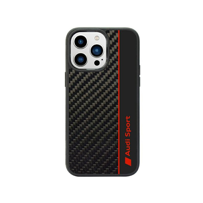 Audi Coque rigide noire pour iPhone 14 Pro Max. bande en fibre de carbone