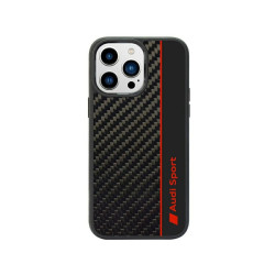 Audi Coque rigide noire pour iPhone 14 Pro Max. bande en fibre de carbone
