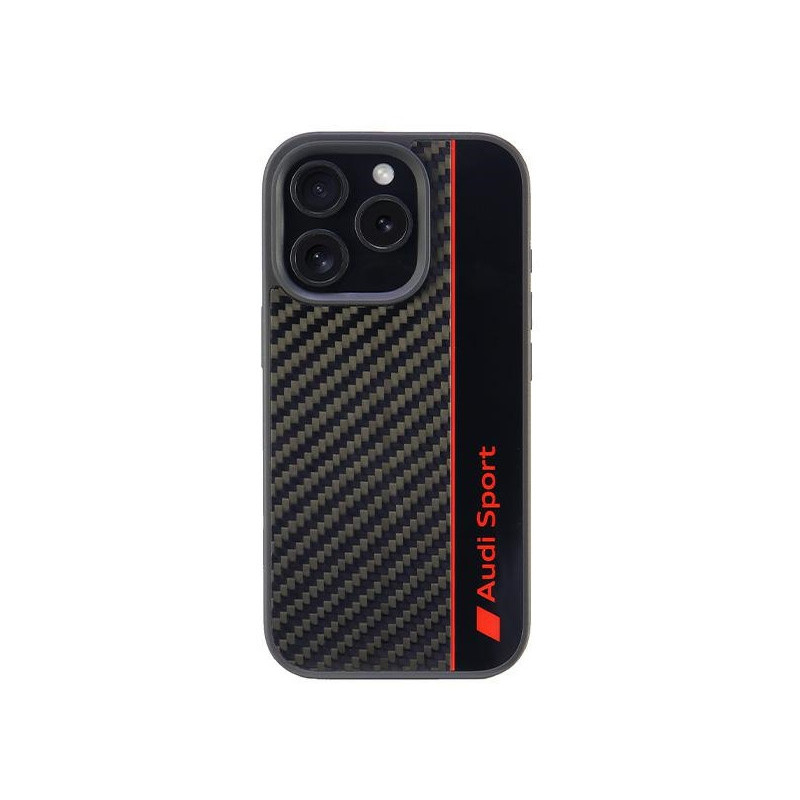 Audi Coque noire pour iPhone 16 Pro. bande en fibre de carbone