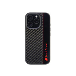 Audi Coque noire pour iPhone 16 Pro. bande en fibre de carbone
