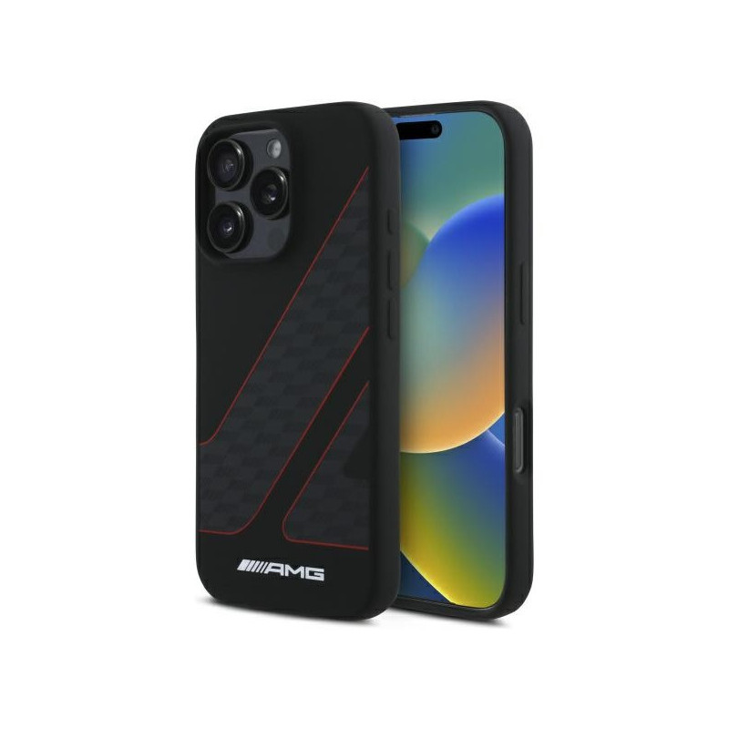 AMG Coque noire pour iPhone 16 Pro. motif damier. MagSafe AMG Coque noire pour iPhone 16 Pro. motif damier. MagSafe