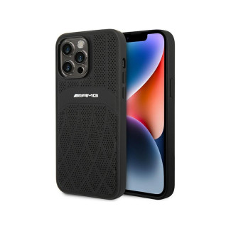 AMG Coque rigide noire pour iPhone 14 Pro Max cuir lignes courbes + MagSafe
