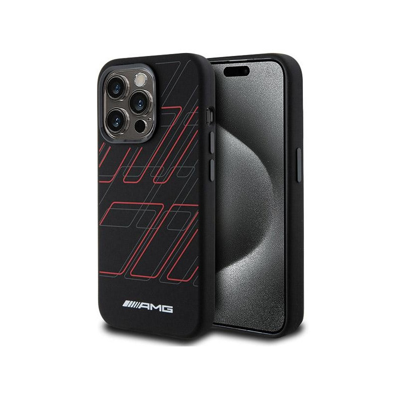 AMG Coque noire pour iPhone 15 Pro en silicone. motif losanges. MagSafe AMG Coque noire pour iPhone 15 Pro en silicone. motif losanges. MagSafe