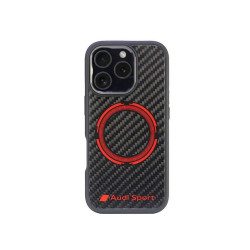 Audi Coque noire pour iPhone 16 Pro. fibre de carbone cercle rouge. MagSafe