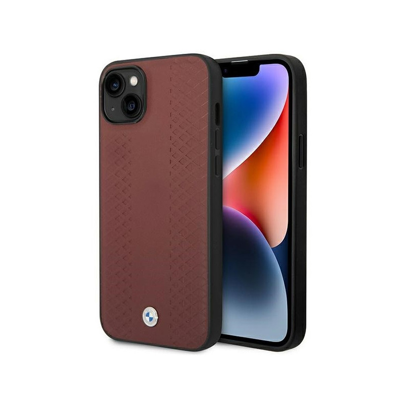 BMW Étui en cuir bordeaux pour iPhone 13/14/15 avec motif en diamant BMW Étui en cuir bordeaux pour iPhone 13/14/15 avec motif en diamant