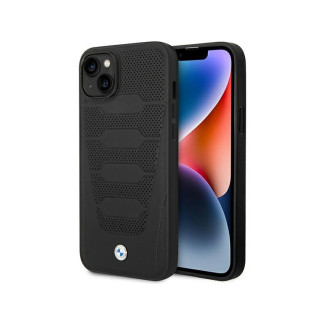 BMW iPhone 13/14/15 Coque Noire Cuir avec motif de surpiqûres