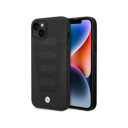 BMW iPhone 13/14/15 Coque Noire Cuir avec motif de surpiqûres