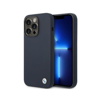 BMW Coque bleu marine en silicone avec logo en métal pour iPhone 14 Pro