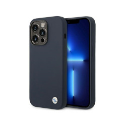 BMW Coque bleu marine en silicone avec logo en métal pour iPhone 14 Pro