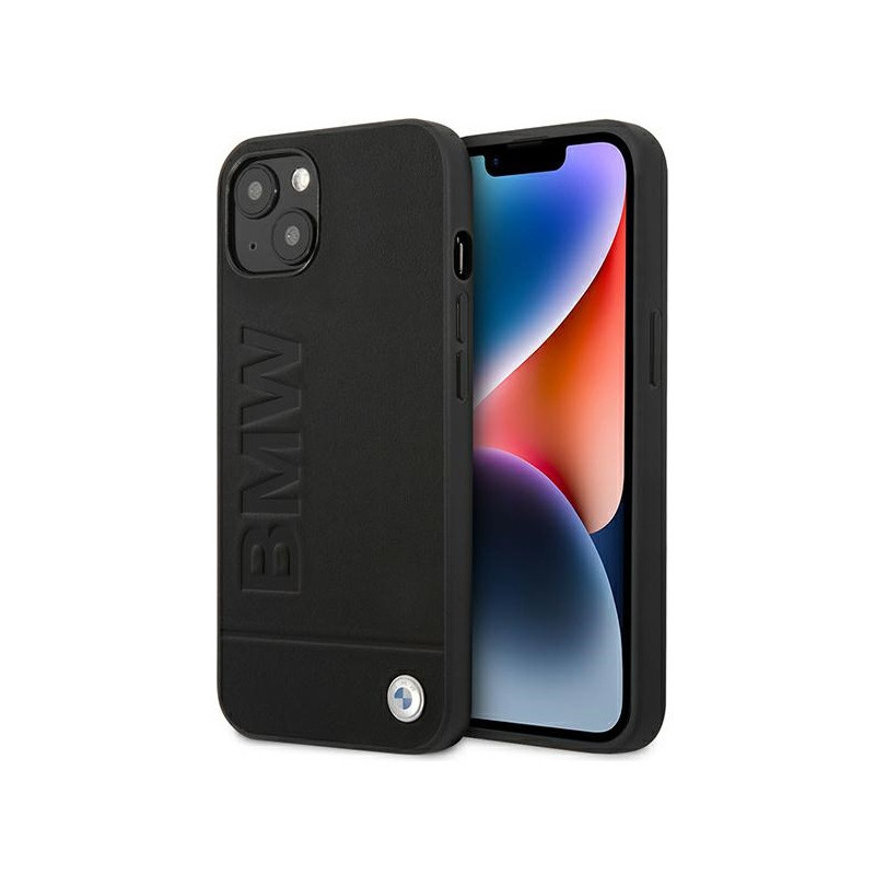 BMW Coque en cuir noire avec estampillage pour iPhone 14 Plus/15 Plus BMW Coque en cuir noire avec estampillage pour iPhone 14 Plus/15 Plus