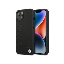 BMW Coque en cuir noire avec estampillage pour iPhone 14 Plus/15 Plus