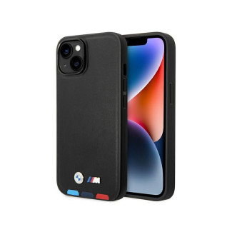 BMW Coque en cuir noire Tricolore pour iPhone 14 Plus/15 Plus