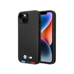 BMW Coque en cuir noire Tricolore pour iPhone 14 Plus/15 Plus