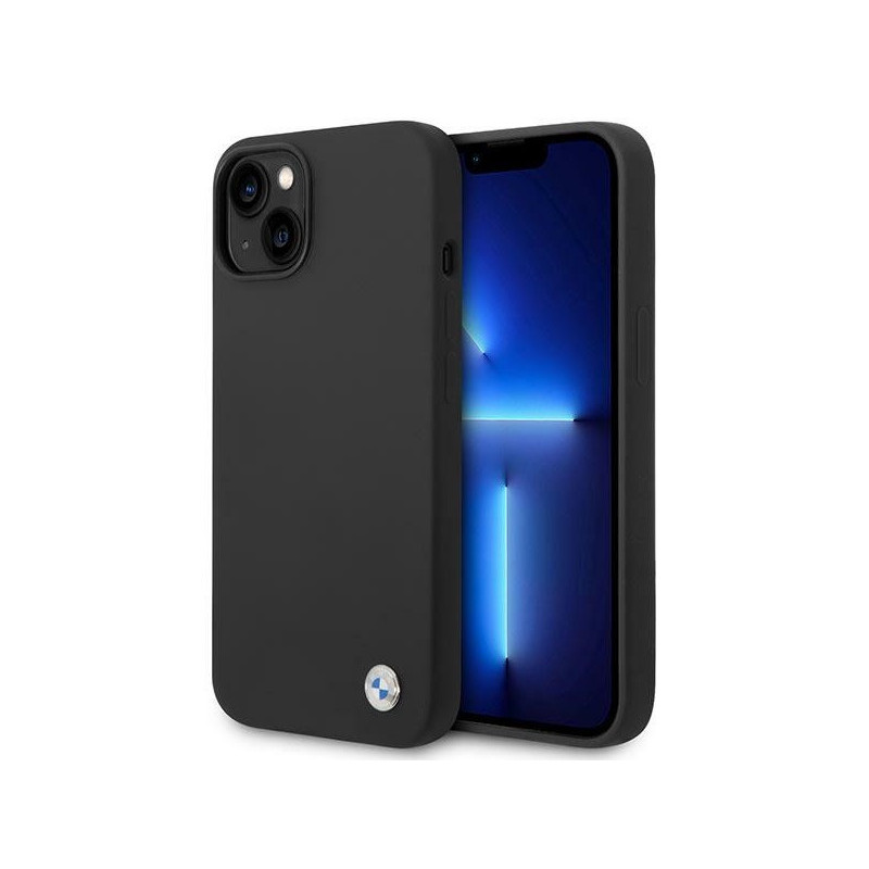 BMW Coque en silicone noire avec logo en métal pour iPhone 14 Plus/15 Plus BMW Coque en silicone noire avec logo en métal pour iPhone 14 Plus/15 Plus