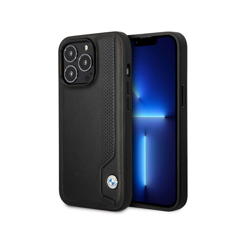 BMW Coque rigide noire pour iPhone 14 Pro Max Cuir Pois Bleus BMW Coque rigide noire pour iPhone 14 Pro Max Cuir Pois Bleus