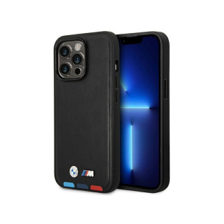 BMW Coque en cuir noir iPhone 14 Pro Tampon Tricolore MagSafe