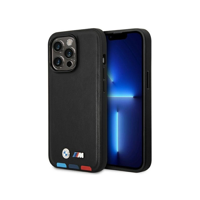 BMW Coque en cuir noir iPhone 14 Pro Tampon Tricolore MagSafe BMW Coque en cuir noir iPhone 14 Pro Tampon Tricolore MagSafe