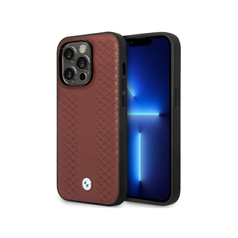 BMW Coque en cuir bordeaux iPhone 14 Pro Motif Diamant MagSafe