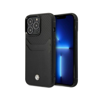 BMW Coque noire en cuir pour iPhone 14 Pro Max avec emplacement pour carte