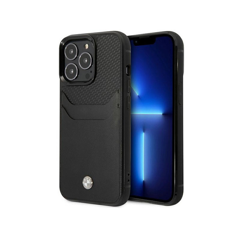 BMW Coque noire en cuir pour iPhone 14 Pro Max avec emplacement pour carte