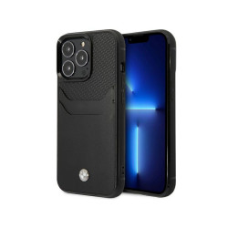 BMW Coque noire en cuir pour iPhone 14 Pro Max avec emplacement pour carte