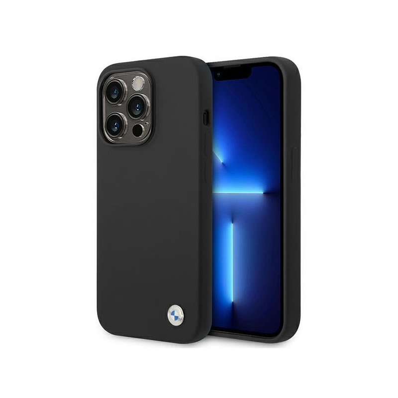 BMW Coque noire en silicone avec logo en métal pour iPhone 14 Pro Max
