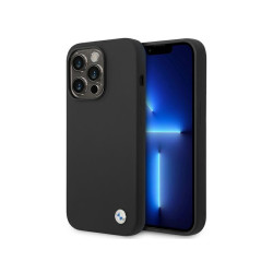 BMW Coque noire en silicone avec logo en métal pour iPhone 14 Pro Max