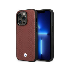 BMW Coque en cuir bordeaux iPhone 14 Pro Motif Diamant