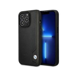 BMW Coque dure noire iPhone 14 Pro Cuir Pois Bleus