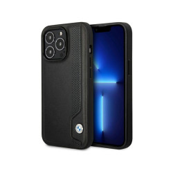BMW Coque dure noire iPhone 14 Pro Cuir Pois Bleus