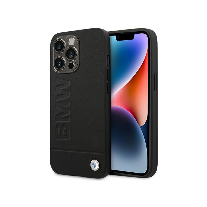 BMW Coque noire en cuir estampé pour iPhone 14 Pro Max BMW Coque noire en cuir estampé pour iPhone 14 Pro Max