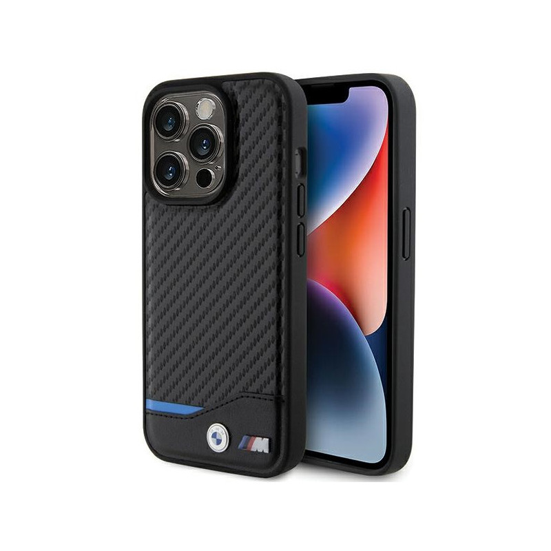 BMW Coque noire rigide en cuir carbone MagSafe pour iPhone 15 Pro BMW Coque noire rigide en cuir carbone MagSafe pour iPhone 15 Pro