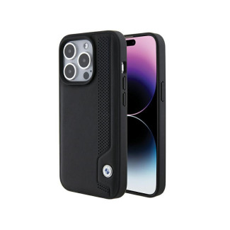 BMW Coque noire rigide en cuir avec pois bleus pour iPhone 15 Pro Max